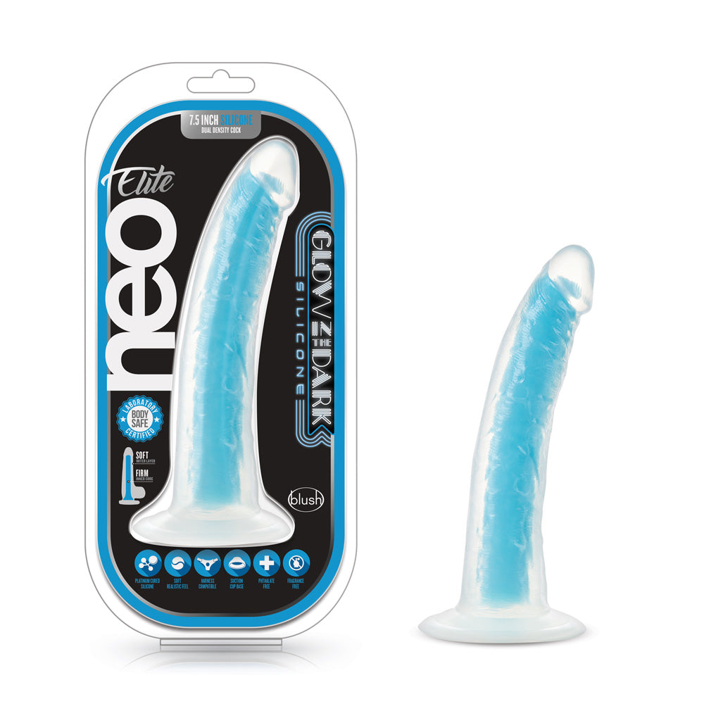 Neo Elite Glow In The Dark 7.5" Silicone Dual Density Cock With Suction Cup Neon Blue | 819835026020 | Available at EroticWarehouse.com