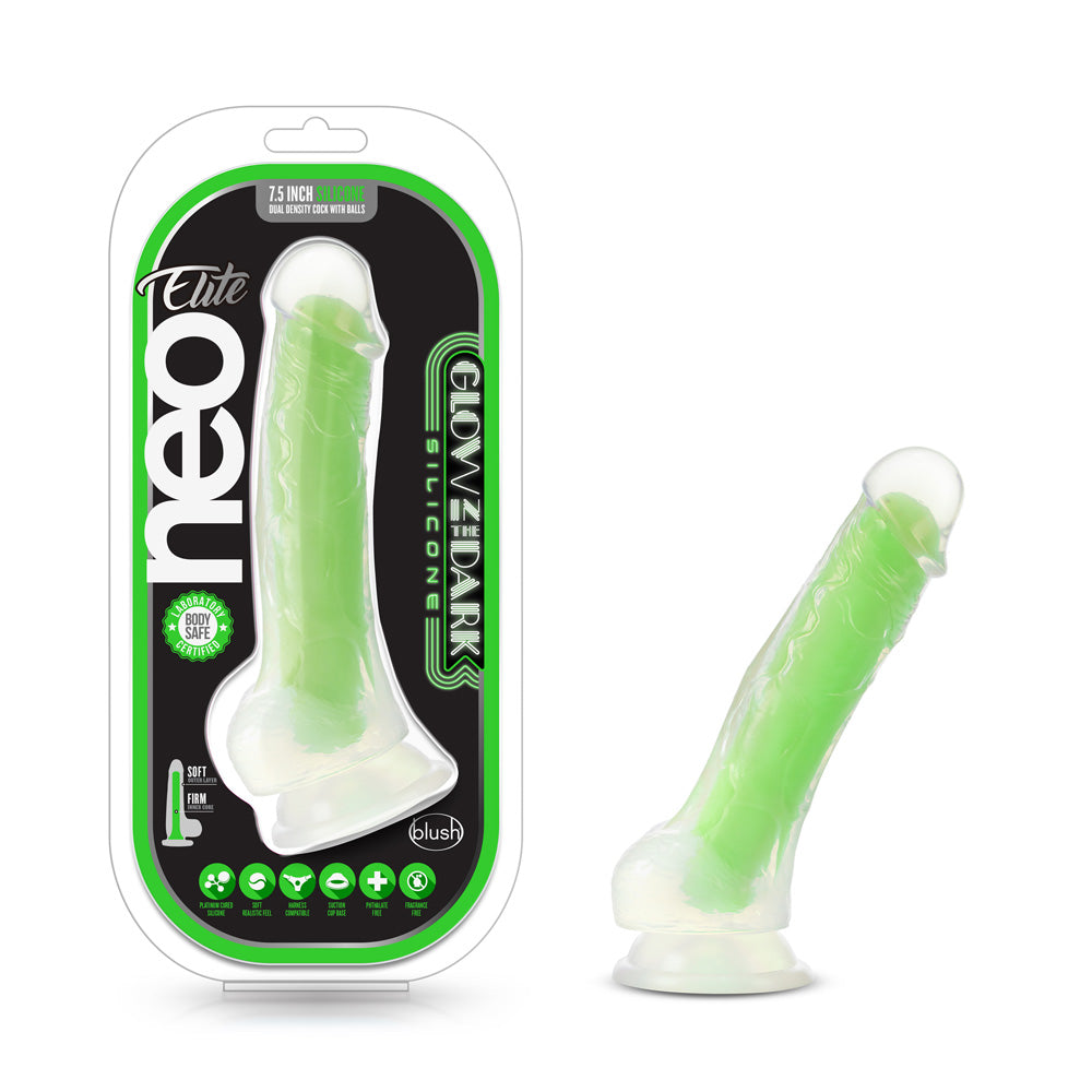 Neo Elite Glow In The Dark 7.5" Silicone Dual Density Cock With Balls Neon Green | 819835026037 | Available at EroticWarehouse.com