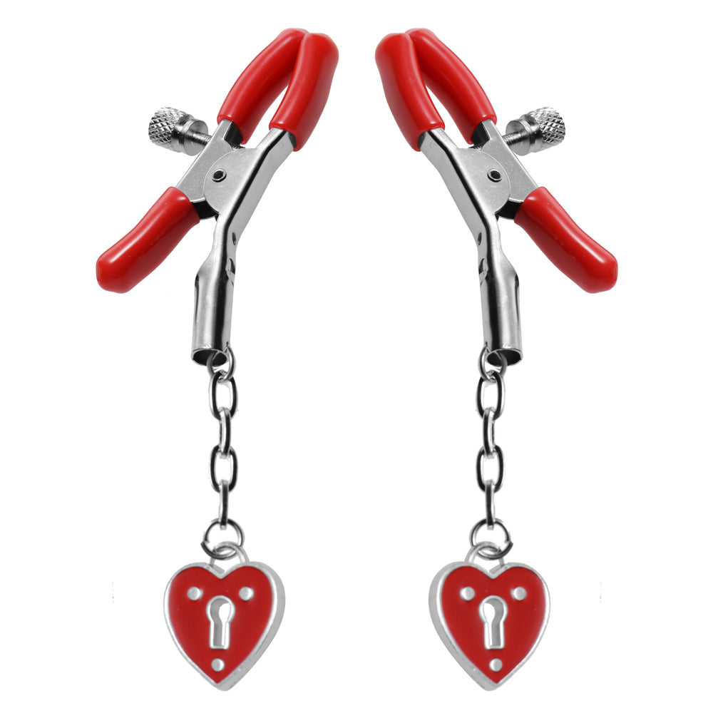 Master Series Crimson Tied Charmed Heart Padlock Nipple Clamps | 848518017062 | Available at EroticWarehouse.com