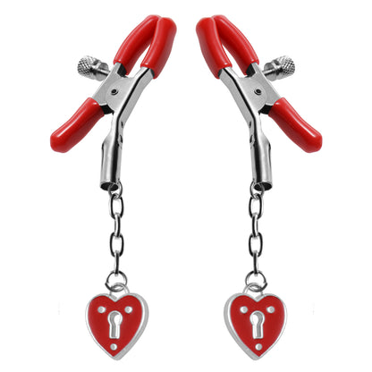 Master Series Crimson Tied Charmed Heart Padlock Nipple Clamps | 848518017062 | Available at EroticWarehouse.com
