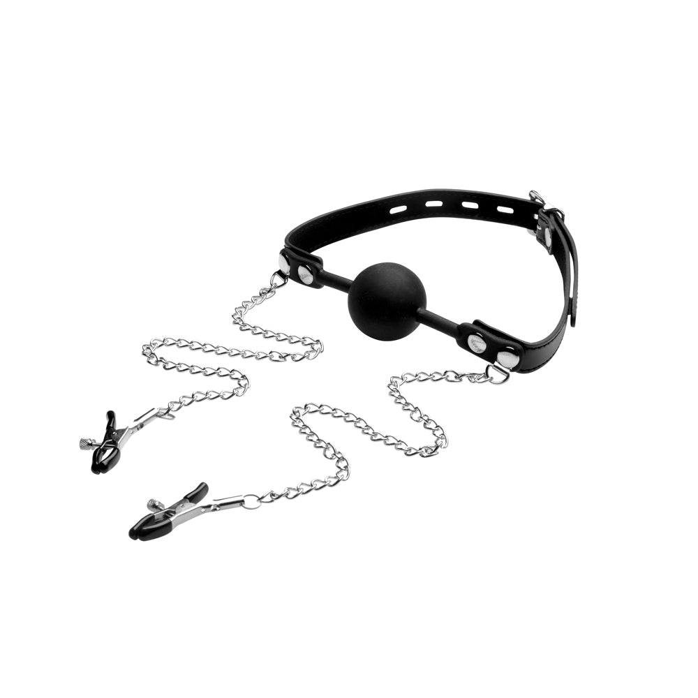 Strict Silicone Ball Gag With Nipple Clamps | 848518024473 | Available at EroticWarehouse.com