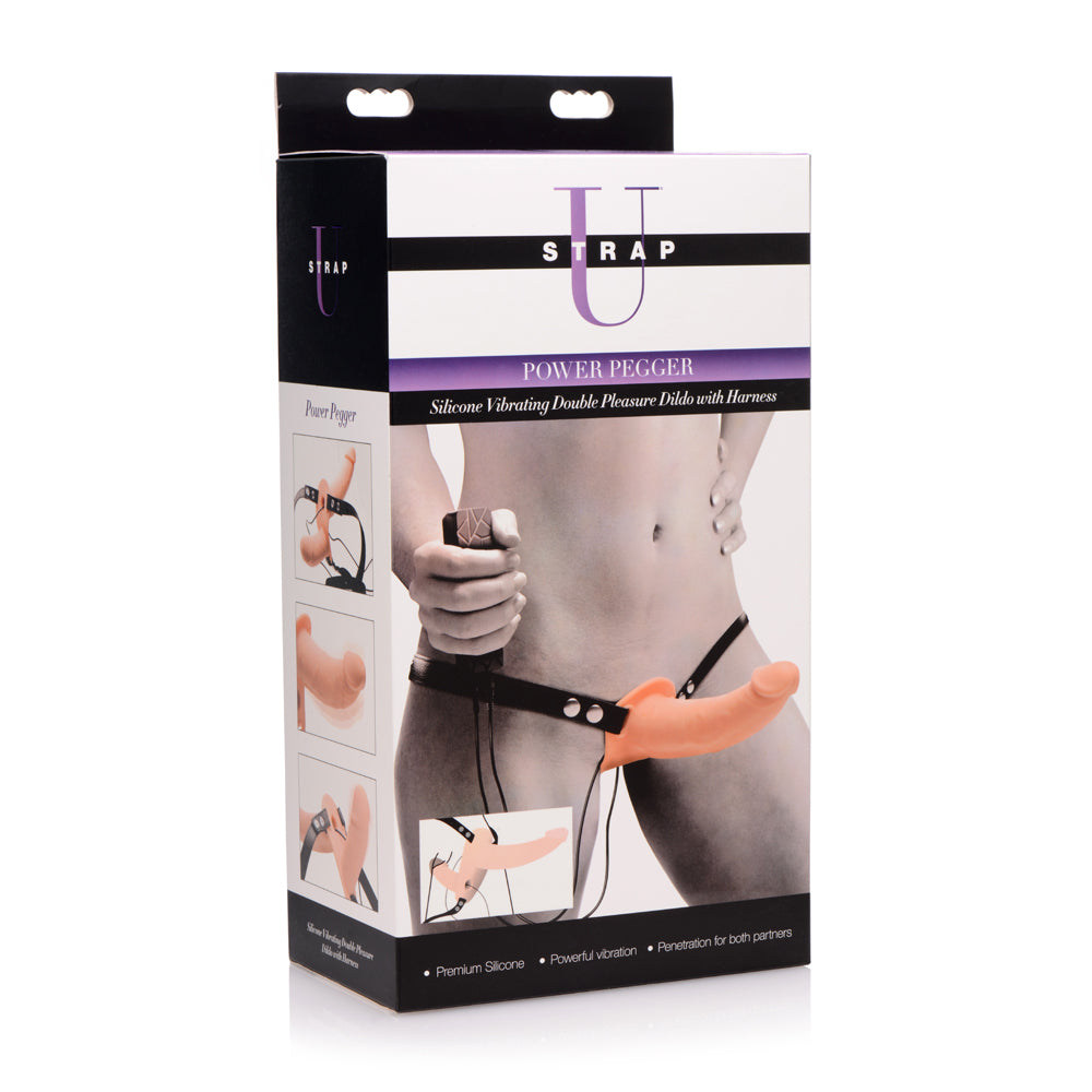 Strap U Power Pegger Silicone Vibrating Double Dildo With Harness - Flesh | 848518028297 | Available at EroticWarehouse.com