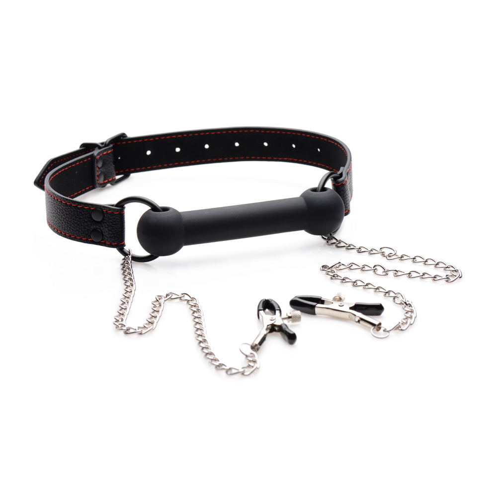 Strict Black Silicone Bit Gag With Nipple Clamps | 848518030108 | Available at EroticWarehouse.com