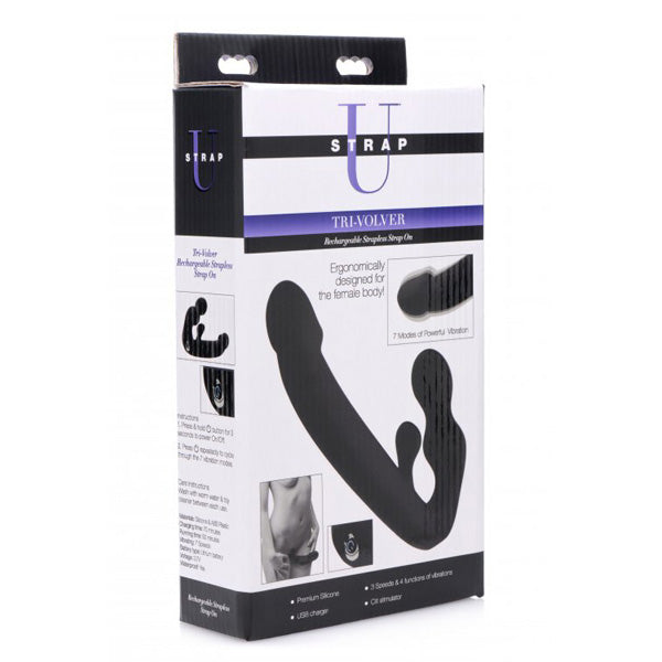Strap U Tri-Volver 7X Vibrating Strapless Strap On Black | 848518030894 | Available at EroticWarehouse.com