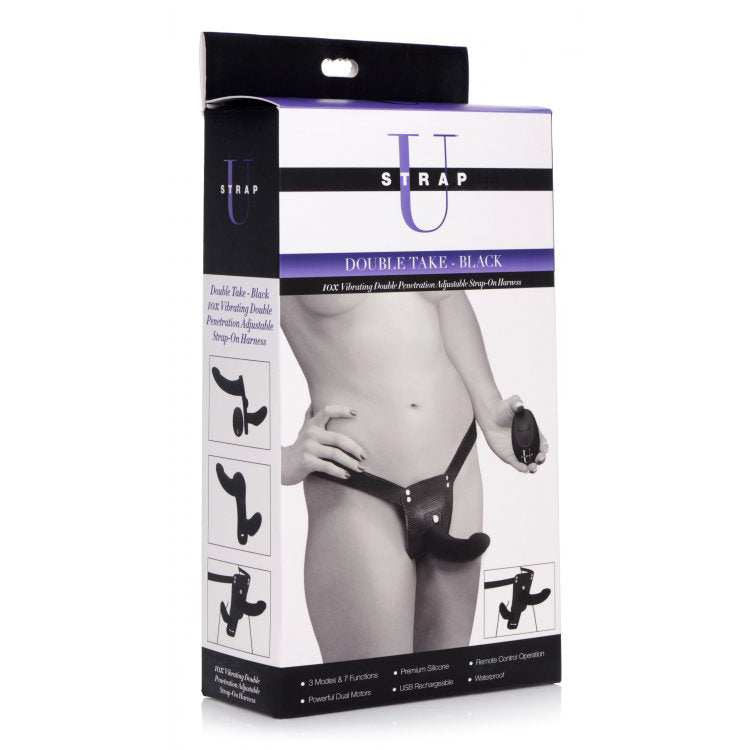 Strap U Double Take Black 10X Vibrating Double Penetration Strap-On Harness | 848518031495 | Available at EroticWarehouse.com
