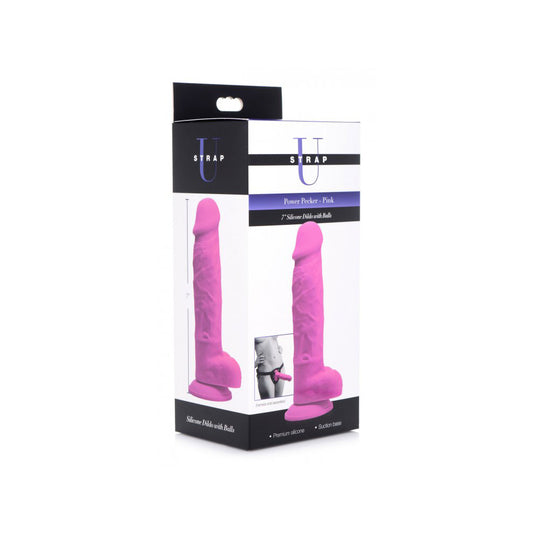Strap U Power Pecker 7" Silicone Dildo With Balls Pink | 848518036551 | Available at EroticWarehouse.com