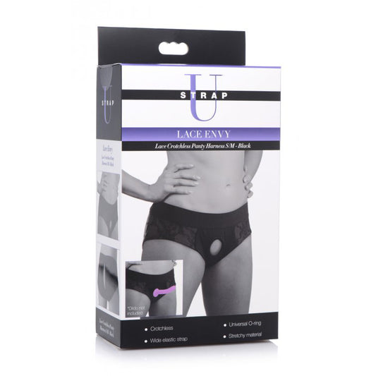 Strap U Lace Envy Lace Crotchless Panty Harness Black/Black S/M | 848518037527 | Available at EroticWarehouse.com