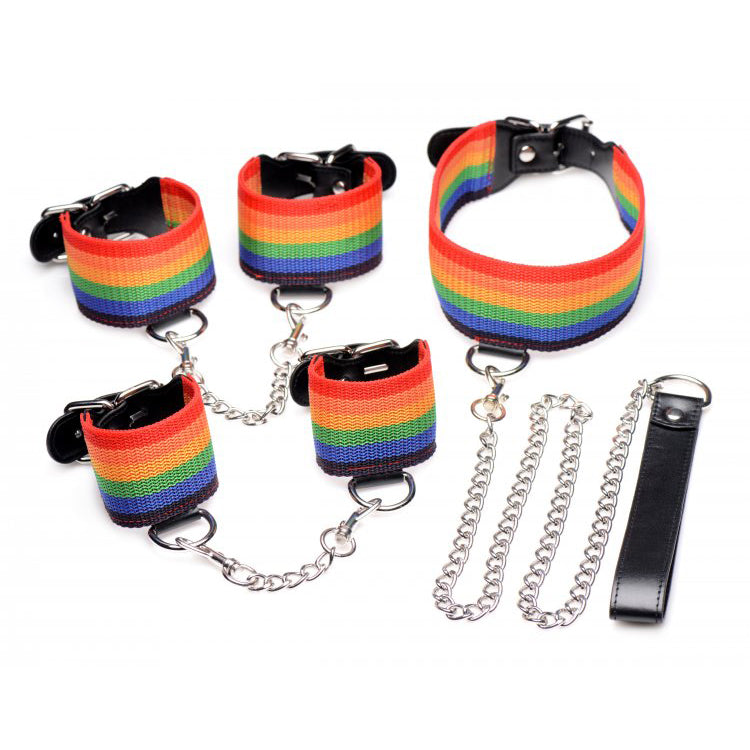 Master Series Kinky Pride Rainbow Bondage Set Wrist & Ankle Cuffs & Collar W/Leash | 848518039194 | Available at EroticWarehouse.com