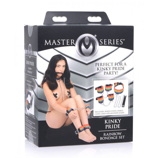 Master Series Kinky Pride Rainbow Bondage Set Wrist & Ankle Cuffs & Collar W/Leash | 848518039194 | Available at EroticWarehouse.com