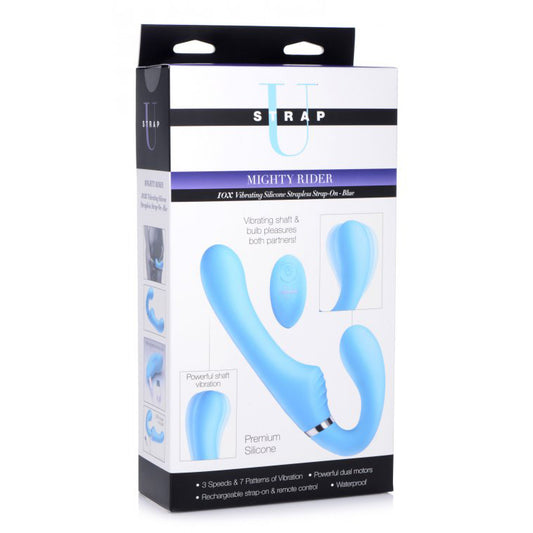 Strap U Mighty Rider 10X Vibrating Silicone Strapless Strap-On Blue | 848518039606 | Available at EroticWarehouse.com