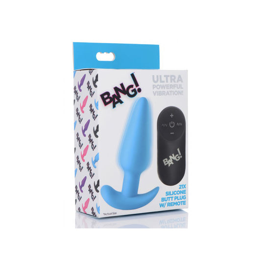 Bang! 21X Vibrating Silicone Butt Plug W/ Remote Control Blue | 848518039699 | Available at EroticWarehouse.com