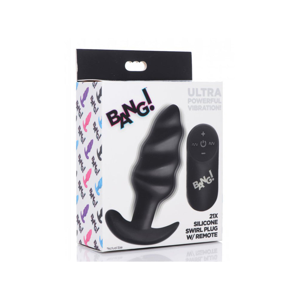 Bang! 21X Vibrating Silicone Swirl Butt Plug W/ Remote Control Black | 848518039729 | Available at EroticWarehouse.com