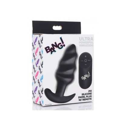 Bang! 21X Vibrating Silicone Swirl Butt Plug W/ Remote Control Black | 848518039729 | Available at EroticWarehouse.com