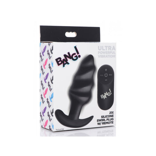 Bang! 21X Vibrating Silicone Swirl Butt Plug W/ Remote Control Black | 848518039729 | Available at EroticWarehouse.com