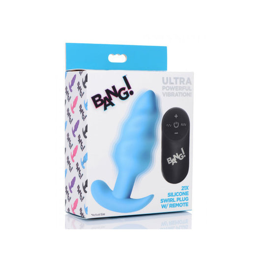 Bang! 21X Vibrating Silicone Swirl Butt Plug W/ Remote Control Blue | 848518039736 | Available at EroticWarehouse.com