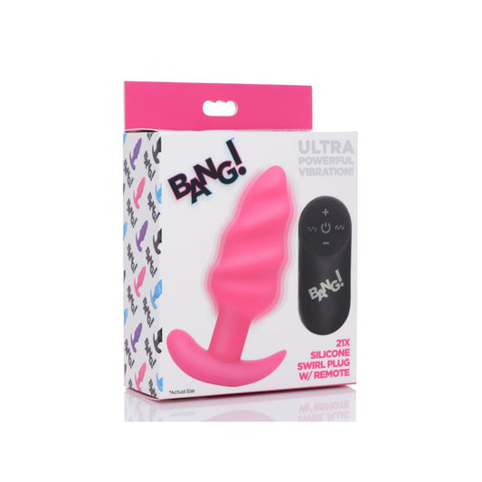 Bang! 21X Vibrating Silicone Swirl Butt Plug W/ Remote Control Pink | 848518039743 | Available at EroticWarehouse.com
