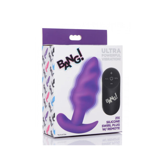 Bang! 21X Vibrating Silicone Swirl Butt Plug W/ Remote Control Purple | 848518039750 | Available at EroticWarehouse.com