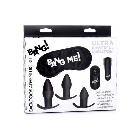 Bang! Backdoor Adventure 3Pc Butt Plug Set, Bullet, & Blindfold Kit Black | 848518039934 | Available at EroticWarehouse.com