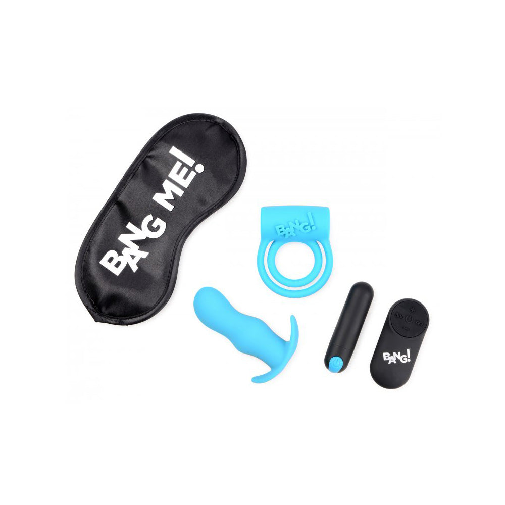 Bang! Duo Blast C-Ring, Butt Plug, Bullet, & Blindfold Kit Blue | 848518039941 | Available at EroticWarehouse.com