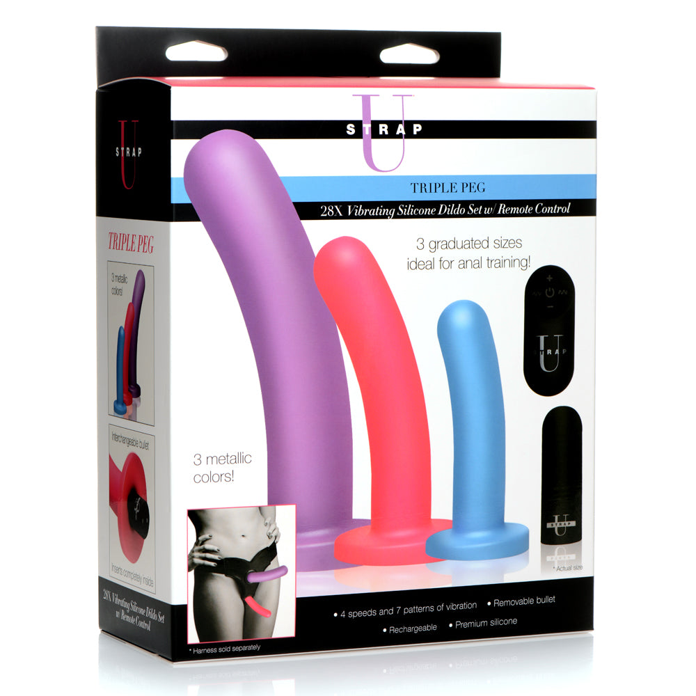 Strap U Triple Peg 28X Vibrating Silicone Dildo Set W/ Remote | 848518045751 | Available at EroticWarehouse.com
