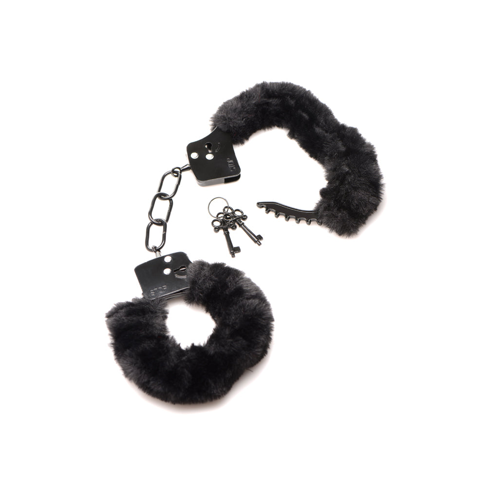 Master Series Cuffed In Fur Furry Handcuffs Black | 848518046864 | Available at EroticWarehouse.com