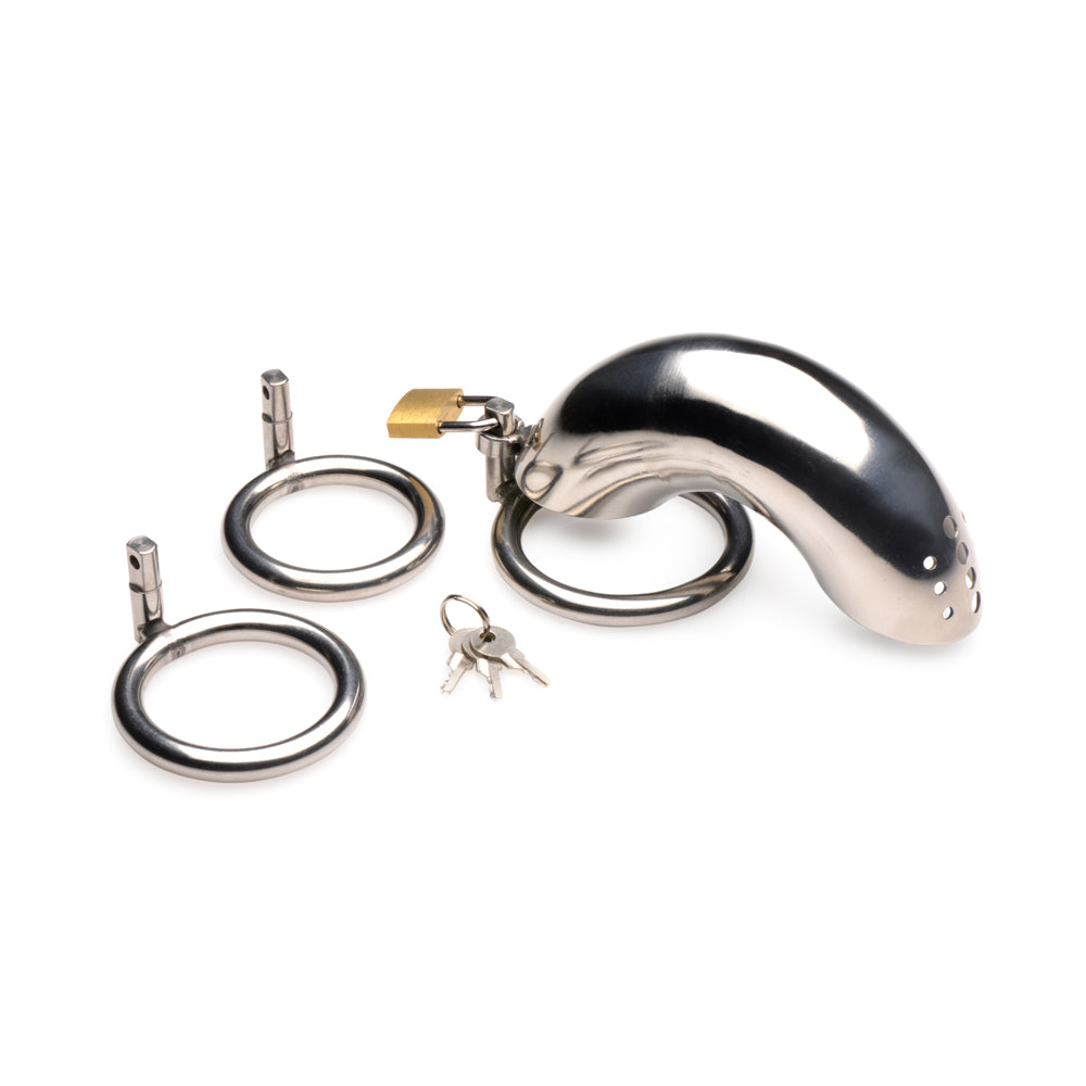 Master Series Locking Stainless Steel Chastity Cage W/ 3 Rings | 848518046925 | Available at EroticWarehouse.com