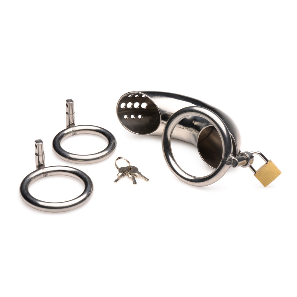 Master Series Locking Stainless Steel Chastity Cage W/ 3 Rings | 848518046925 | Available at EroticWarehouse.com