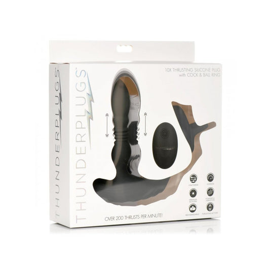 Thunder Plugs 10X Thrusting Silicone Vibrator W/ Cock & Ball Strap & Remote | 848518047564 | Available at EroticWarehouse.com