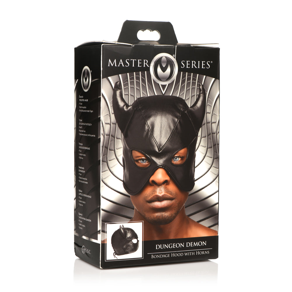 Master Series Dungeon Demon Bondage Hood With Horns | 848518048974 | Available at EroticWarehouse.com