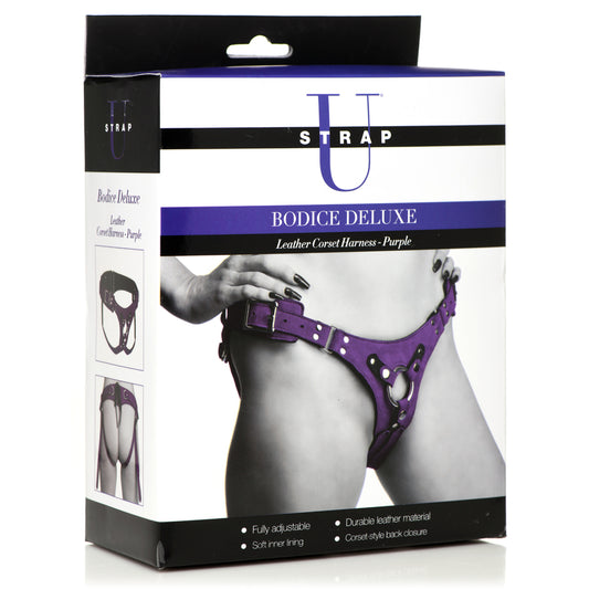 Strap U Bodice Deluxe Leather Corset Harness Purple | 848518051349 | Available at EroticWarehouse.com