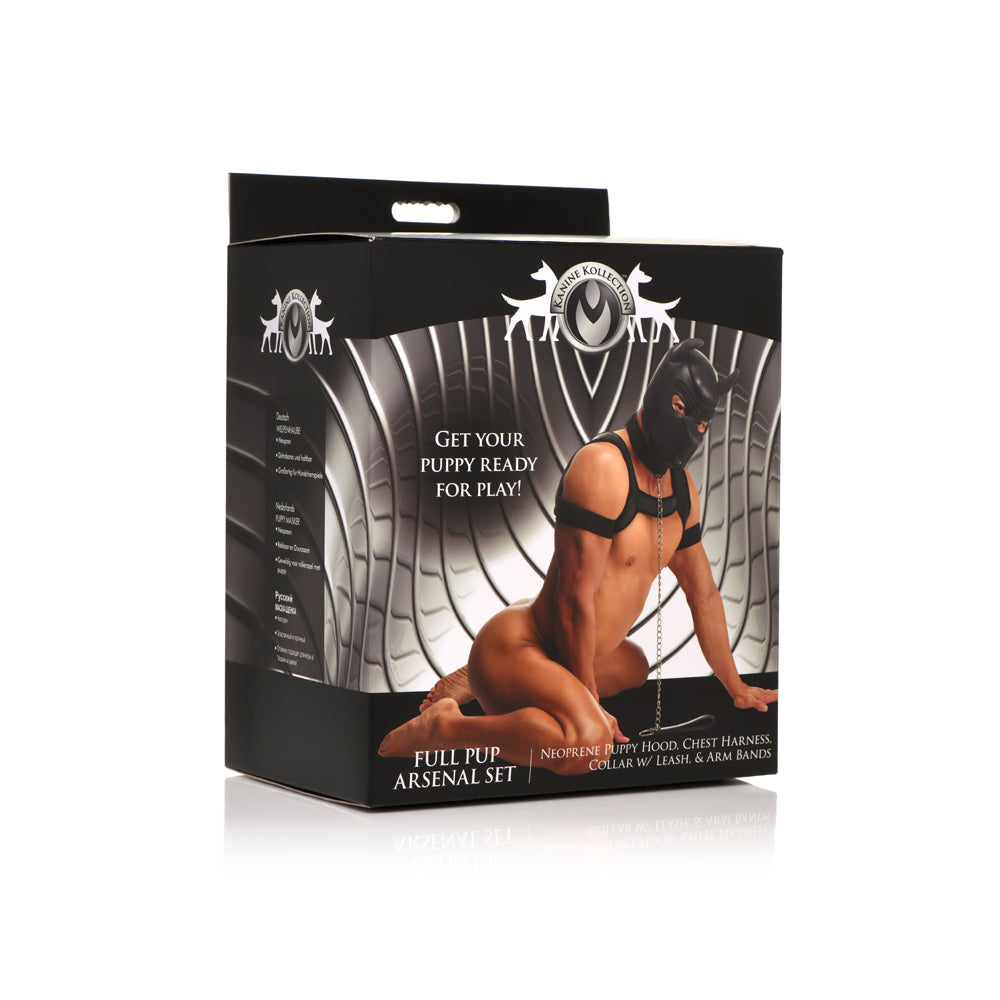 Master Series Full Pup Arsenal Set Neoprene Puppy Hood, Chest Harness, Collar W/ Leash, & Arm Bands | 848518051738 | Available at EroticWarehouse.com
