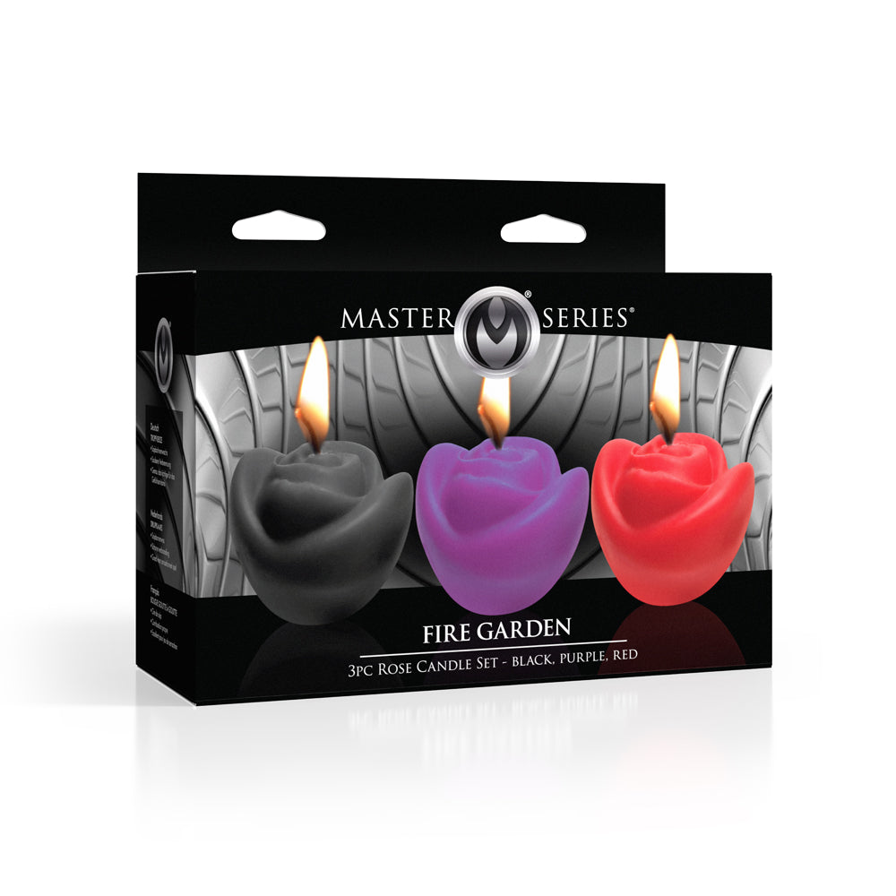Master Series Fire Garden 3Pc Rose Candle Set Black/Purple/Red | 848518052513 | Available at EroticWarehouse.com