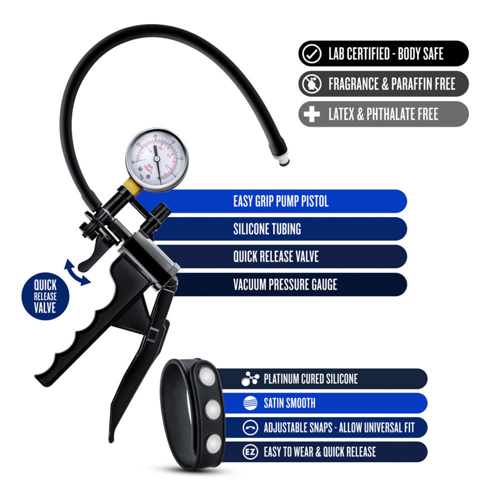 Performance Gauge Pump Pistol With Silicone Tubing & Silicone Cock Strap Black | 850002870060 | Available at EroticWarehouse.com