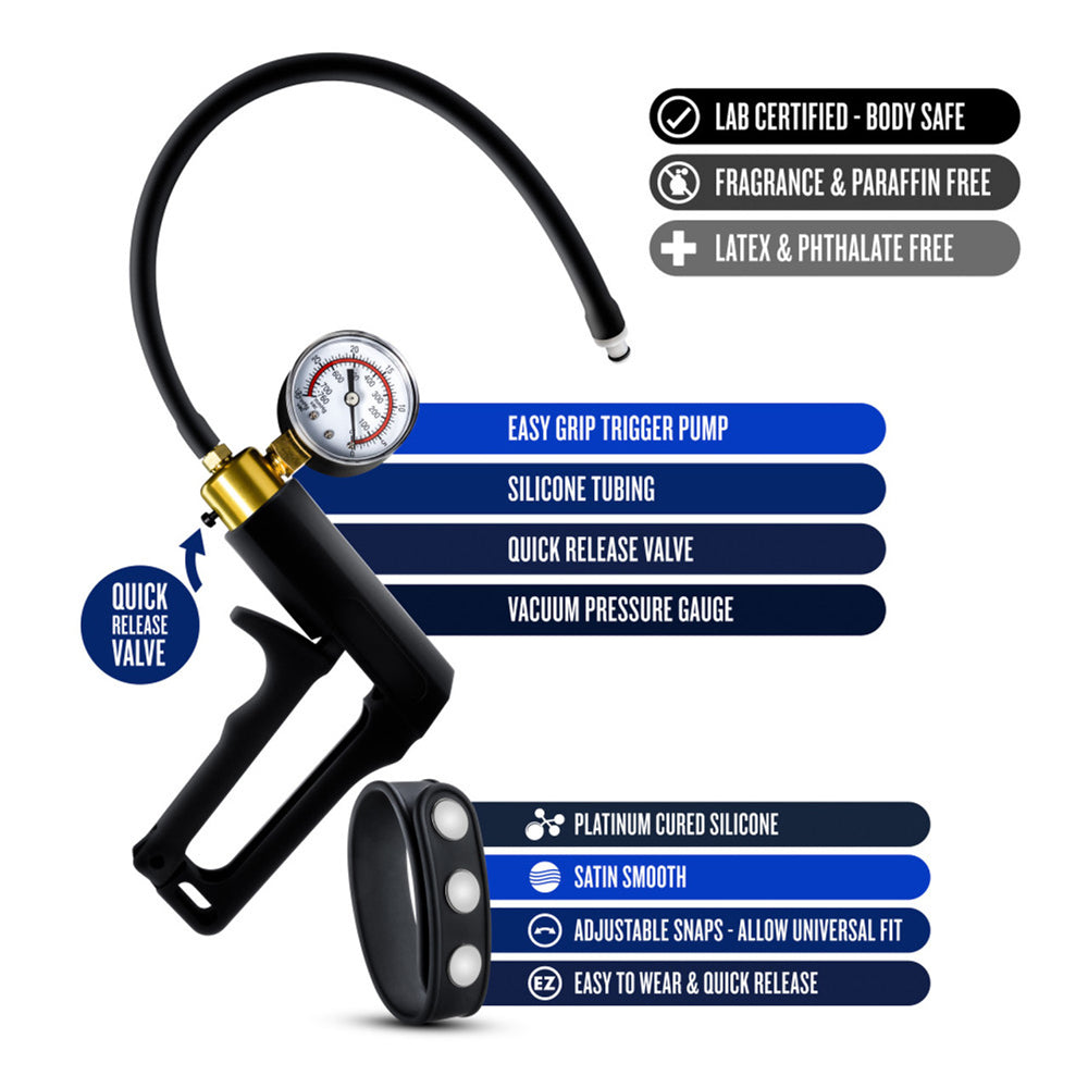 Performance Gauge Pump Trigger With Silicone Tubing And Silicone Cock Strap Black | 850002870077 | Available at EroticWarehouse.com
