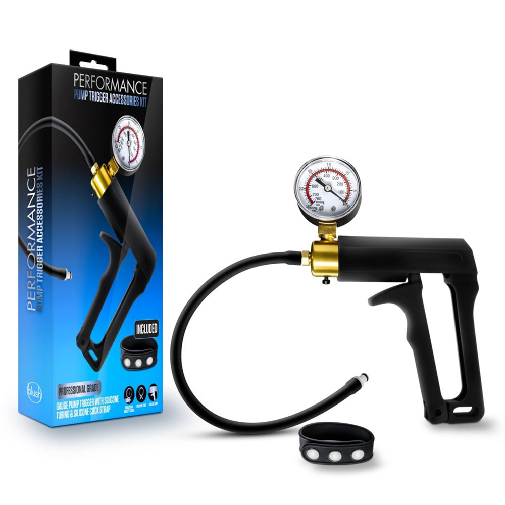 Performance Gauge Pump Trigger With Silicone Tubing And Silicone Cock Strap Black | 850002870077 | Available at EroticWarehouse.com