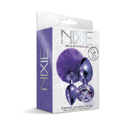 Nixie Metal Butt Plug Set Pom Pom And Jewel Inlaid Purple Metallic | 850010096803 | Available at EroticWarehouse.com