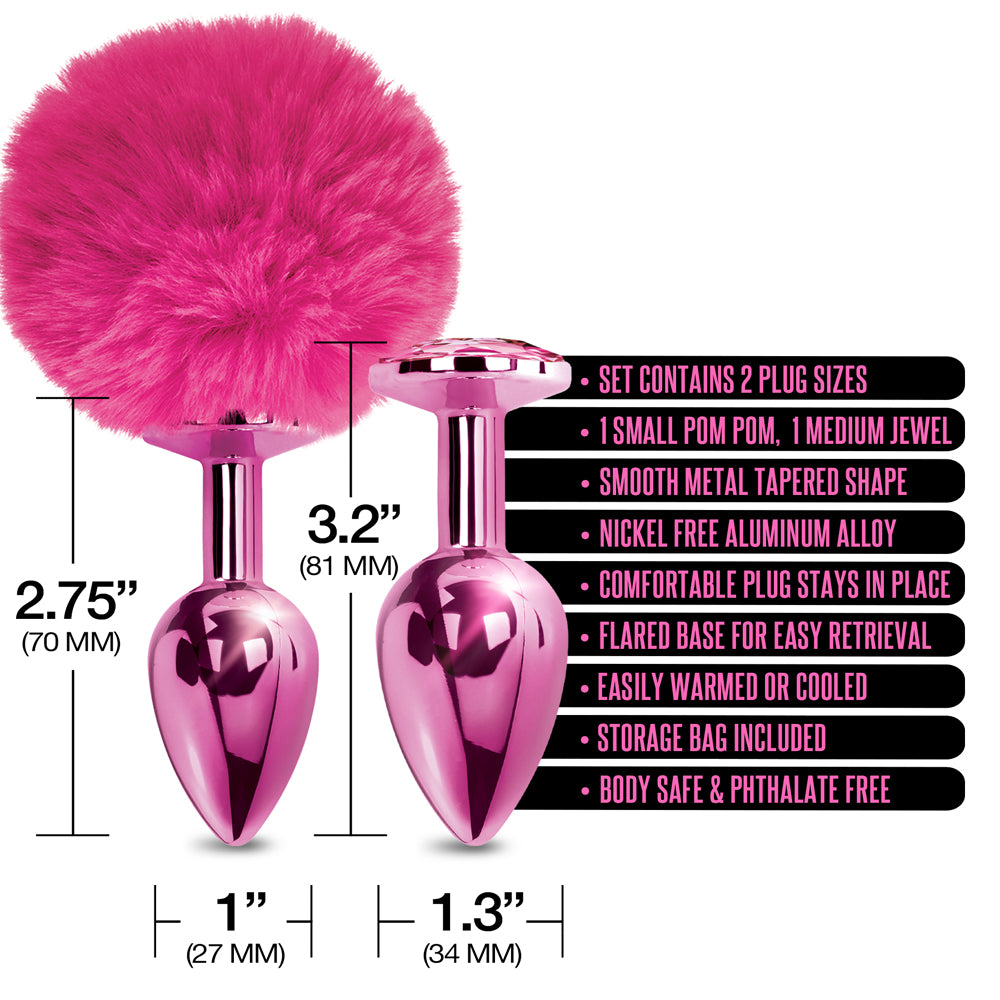 Nixie Metal Butt Plug Set Pom Pom And Jewel Inlaid Pink Metallic | 850010096810 | Available at EroticWarehouse.com