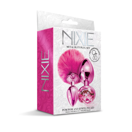 Nixie Metal Butt Plug Set Pom Pom And Jewel Inlaid Pink Metallic | 850010096810 | Available at EroticWarehouse.com