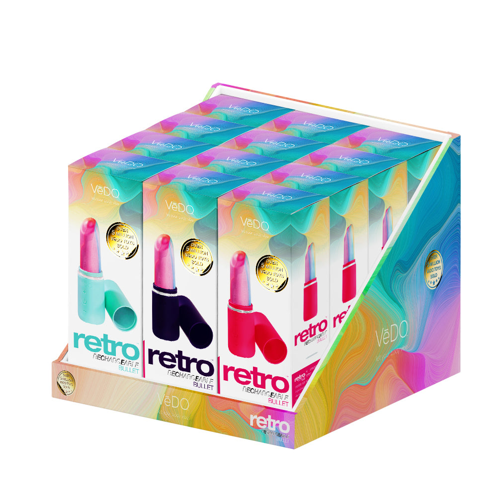 Vedo Retro Rechargeable Bullet Assorted 12 Pc Display | 850052871130 | Available at EroticWarehouse.com