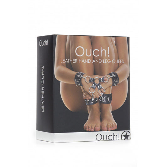 Ouch! Leather Hand And Legcuffs Black | 8714273309440 | Available at EroticWarehouse.com