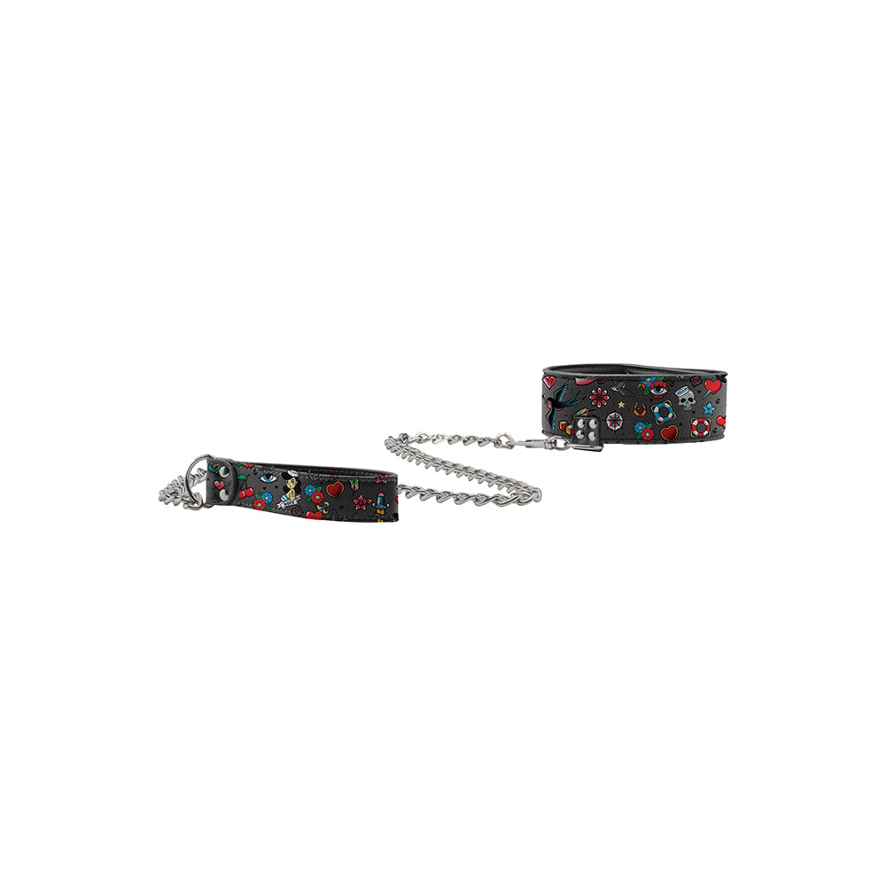 Ouch! Printed Collar With Leash Old School Tattoo Style Black | 8714273491688 | Available at EroticWarehouse.com