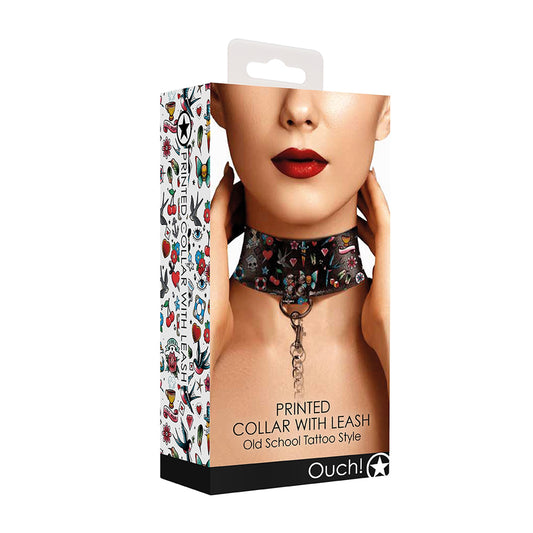 Ouch! Printed Collar With Leash Old School Tattoo Style Black | 8714273491688 | Available at EroticWarehouse.com