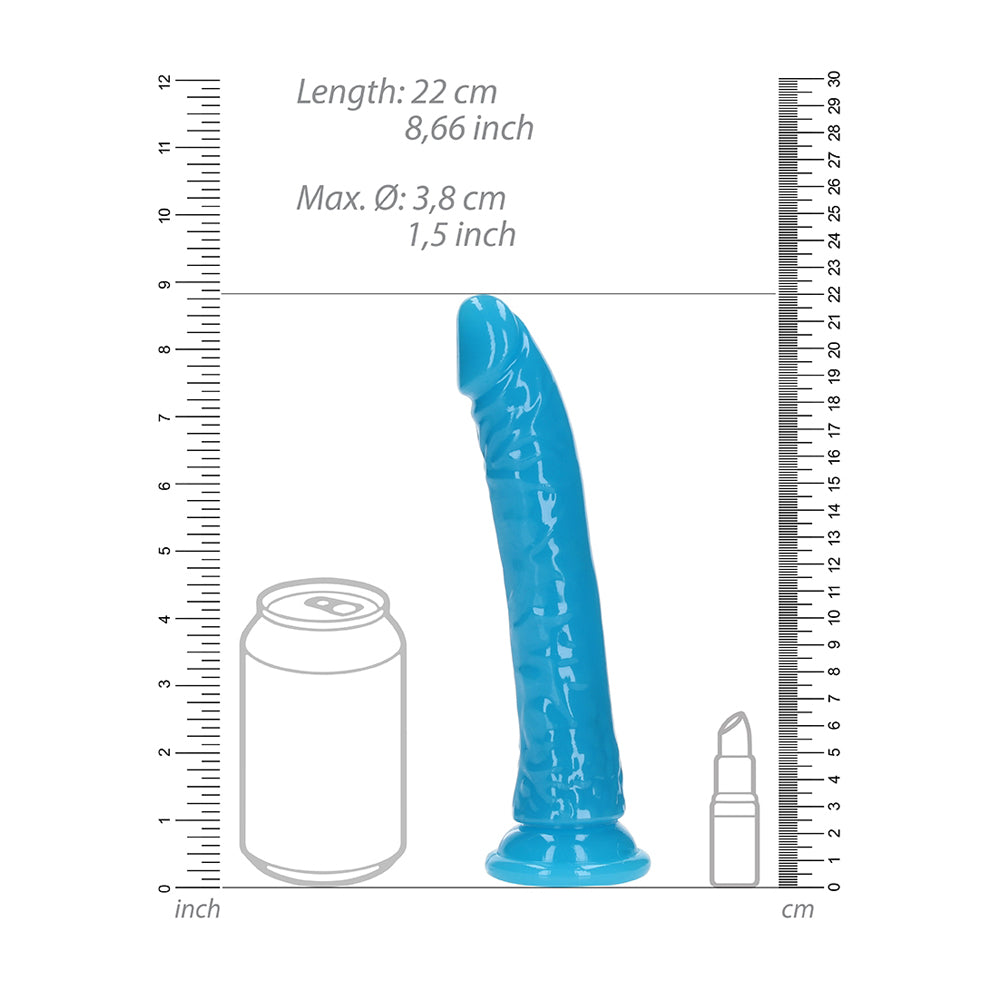Realrock Glow In The Dark Slim Dildo 8'' Neon Blue | 8714273519979 | Available at EroticWarehouse.com