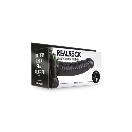 Realrock Vibrating Hollow Strap-On With Balls 7" Black | 8714273521064 | Available at EroticWarehouse.com