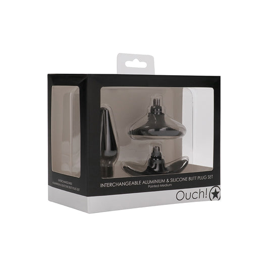 Ouch! Interchangeable Butt Plug Set Pointed Medium Black | 8714273531933 | Available at EroticWarehouse.com