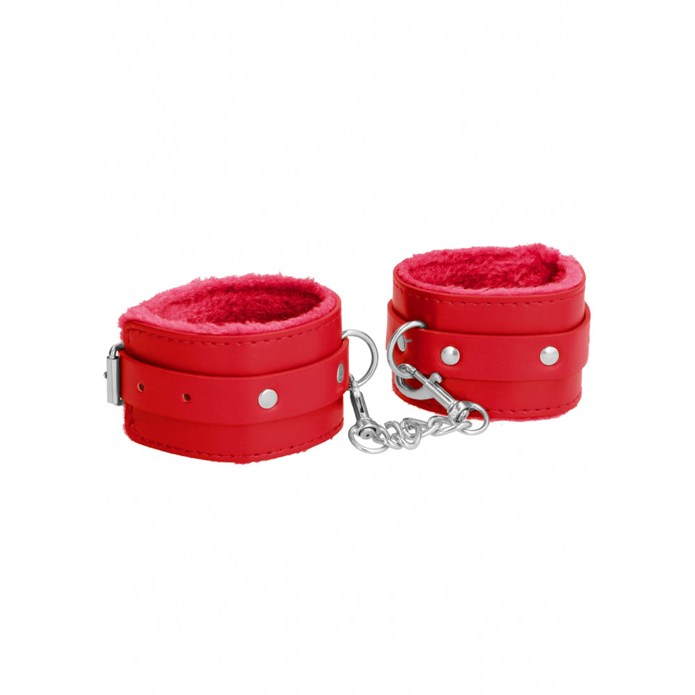 Ouch! Plush Leather Hand Cuffs Red | 8714273927705 | Available at EroticWarehouse.com