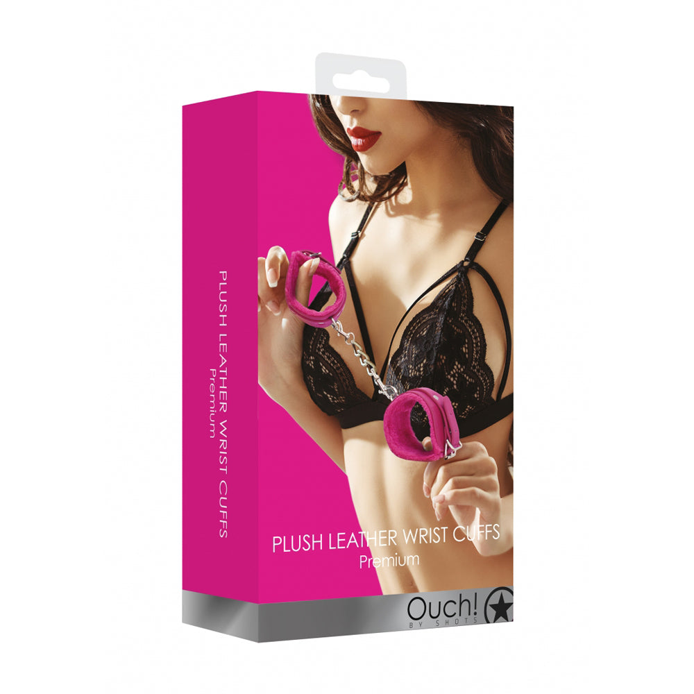 Ouch! Plush Leather Hand Cuffs Pink | 8714273927965 | Available at EroticWarehouse.com