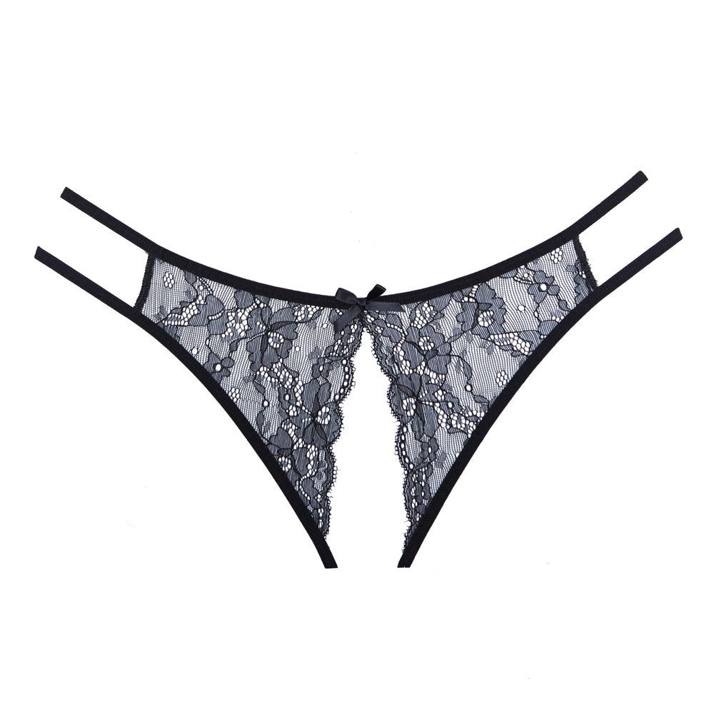 Adore Open Lace Panty Dual Side Straps Black One Size | 883045916754 | Available at EroticWarehouse.com