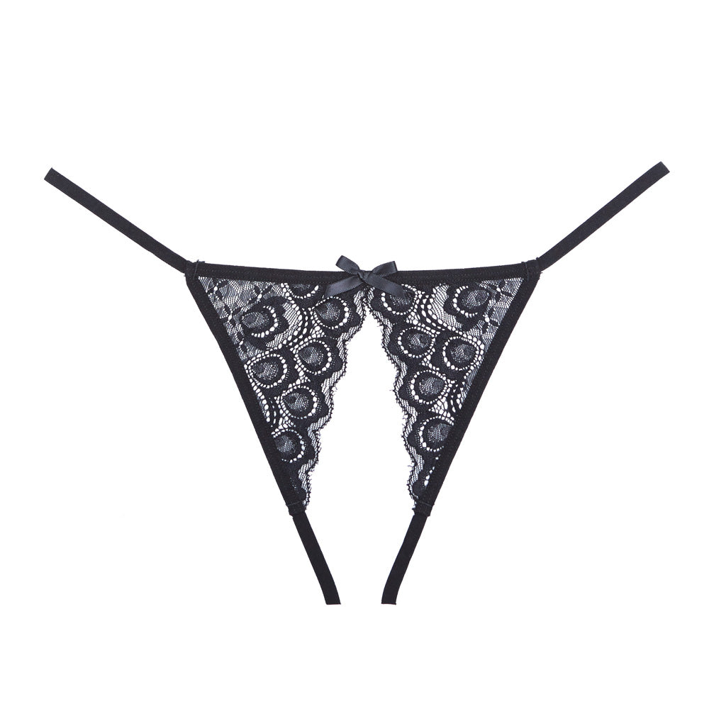 Adore Lace Panty Open Front Lace And Elastic Strap Back Black One Size | 883045916877 | Available at EroticWarehouse.com