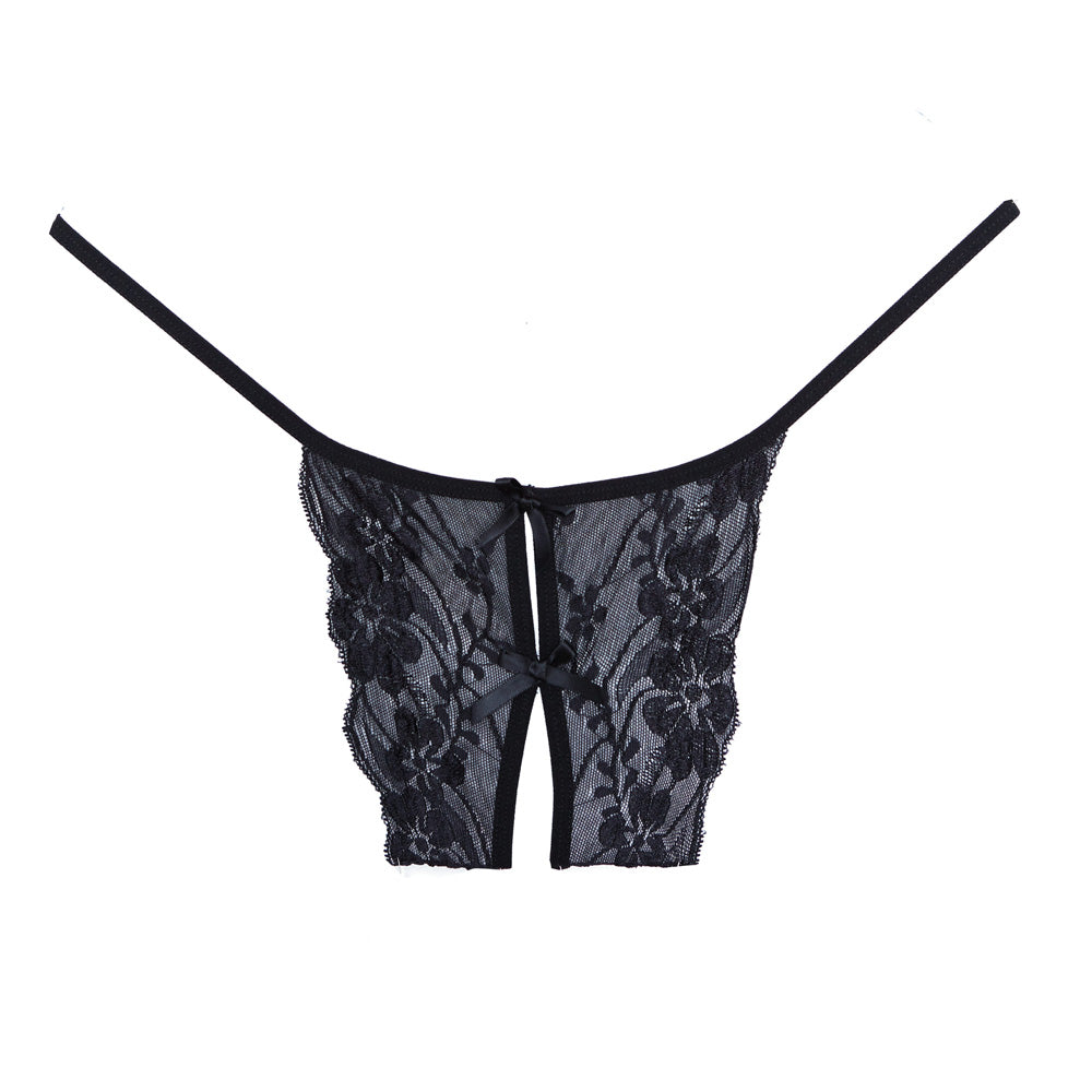 Adore Lace Open Panty Double Mini Bow Detail In The Front And Back Black One Size | 883045916907 | Available at EroticWarehouse.com